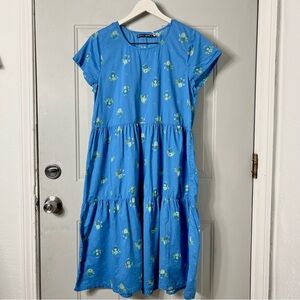 Gudrun Sjoden Organic Cotton Blue Tiered Floral Short Sleeve Midi Dress medium